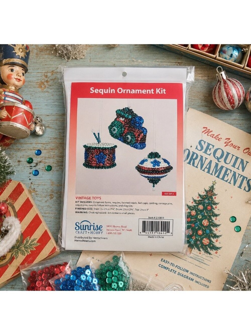 Vintage Sunrise Sequin Push Pin Ornament Craft Kit Christmas Toys Train Drum Top
